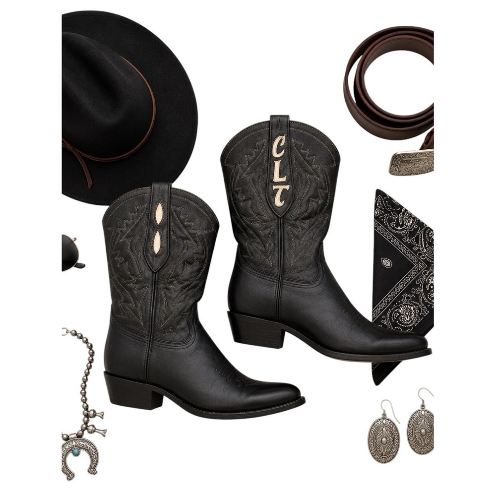 Loveless Custom Handmade Women's Cowboy Boots CLT Embroidered Black Size 8.5–9